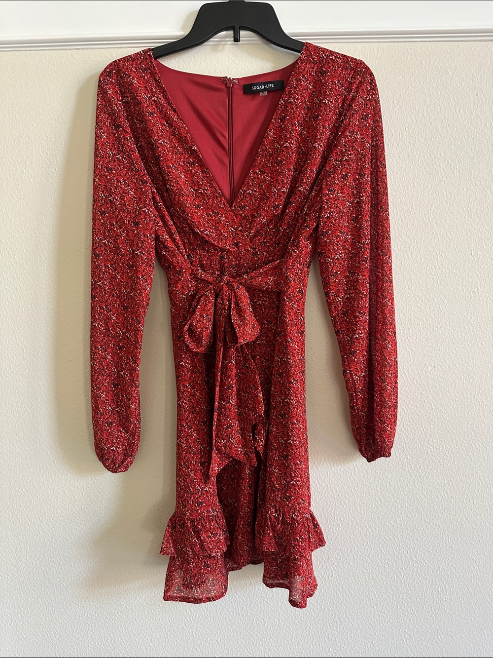 Sugarlips Red Long-Sleeve Tie-Waist Mini Dress